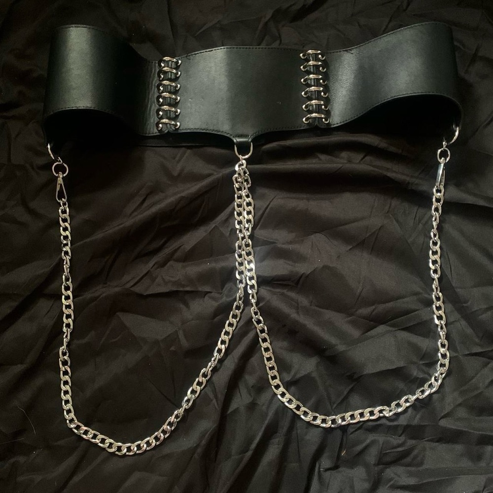 XXL plus size black goth rave faux leather waist belt with chains